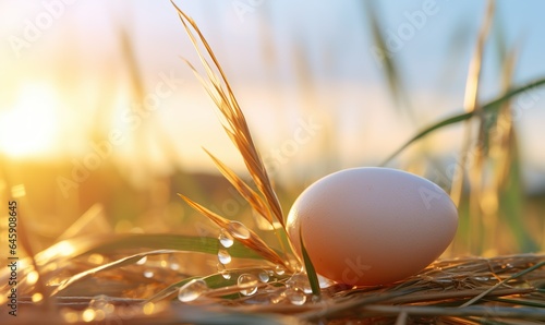 Close-Up of a Fresh Egg with a Sunrise Farm Background