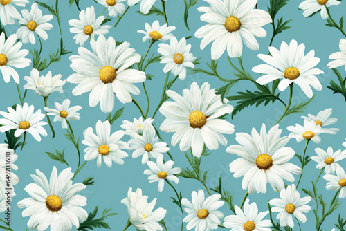 floral pattern of white daisies blue background, green leaves