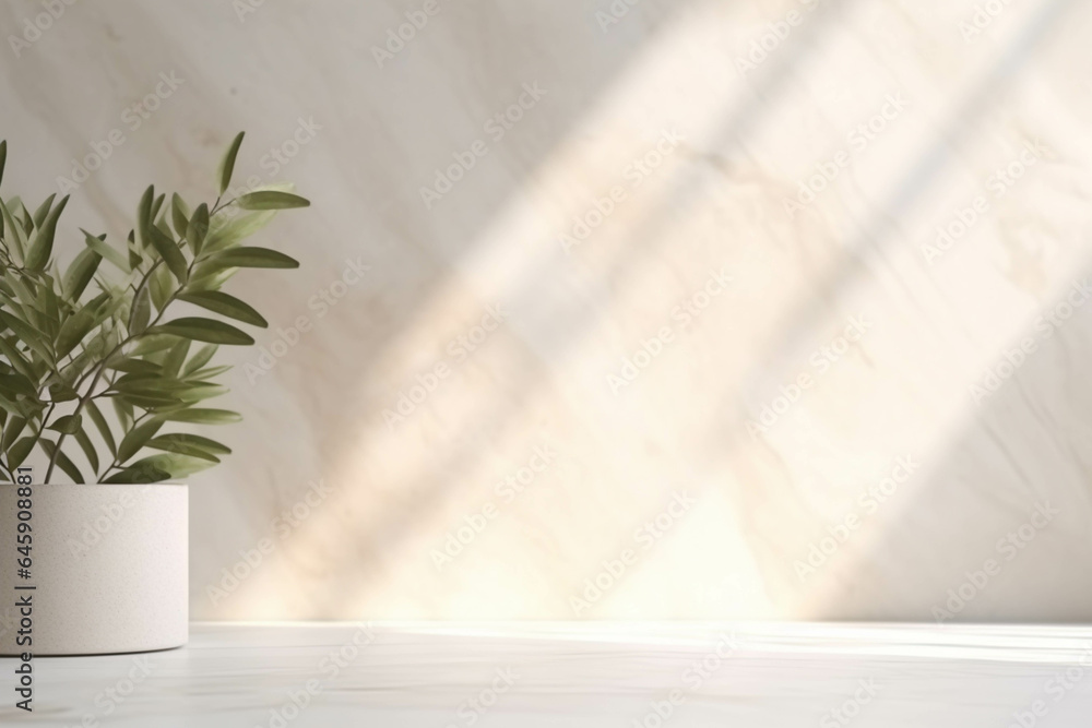 Minimalistic light background with blurred foliage shadow on a light wall. Minimalistic light background with blurred foliage shadow on a light wall.