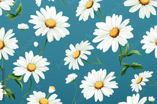 floral pattern of white daisies blue background  green leaves