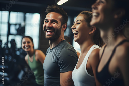 Fitness, laughing and friends at the gym for training, pilates class and happy for exercise at a club. Smile, sport in a group for a workout, cardio or yoga on a studio wall © sam