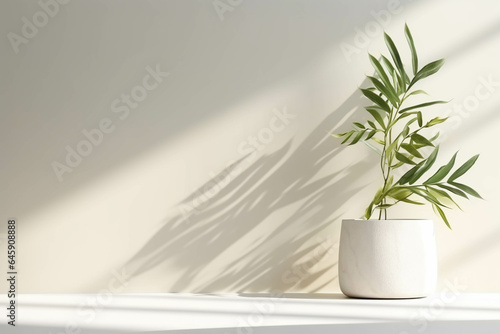 Minimalistic light background with blurred foliage shadow on a light wall.