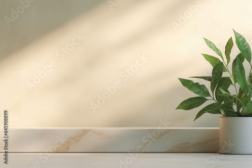 Minimalistic light background with blurred foliage shadow on a light wall.