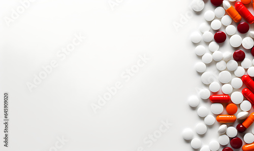 Medical equipment background design view on top, with medical devices, white background, blank space