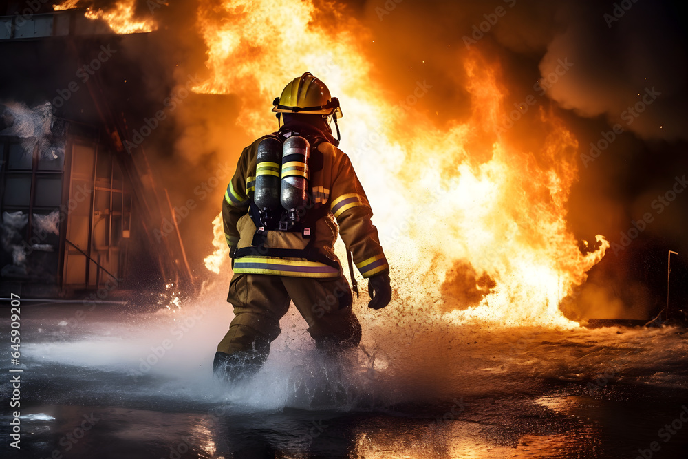 fireman with fire flame in an emergency situation in background., under ...