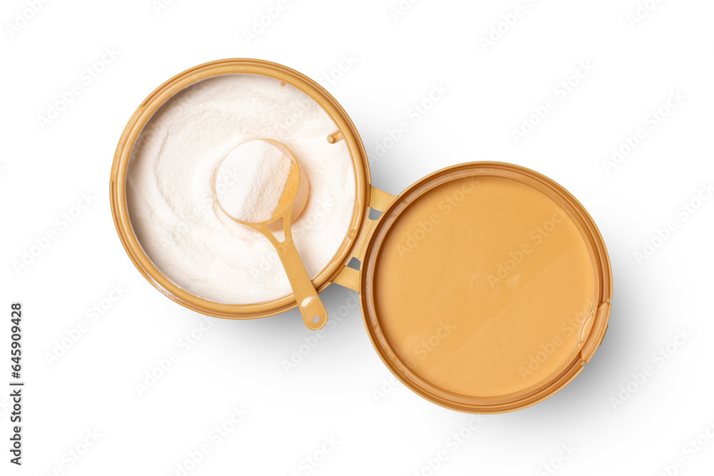 Collagen powder or milk powder in can with spoon isolated on white background with clipping path, top view, flat lay. Collagen powder or milk powder in can with spoon isolated on white background with clipping path, top view, flat lay.