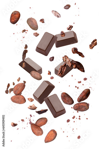 Cocoa bean, cocoa powder and chocolate bar on white background.