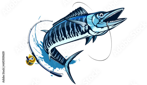 Vector Illustration of a wahoo. Acanthocybium solandri. A scombrid fish jumping up viewed from the side set on isolated white background done in retro style.