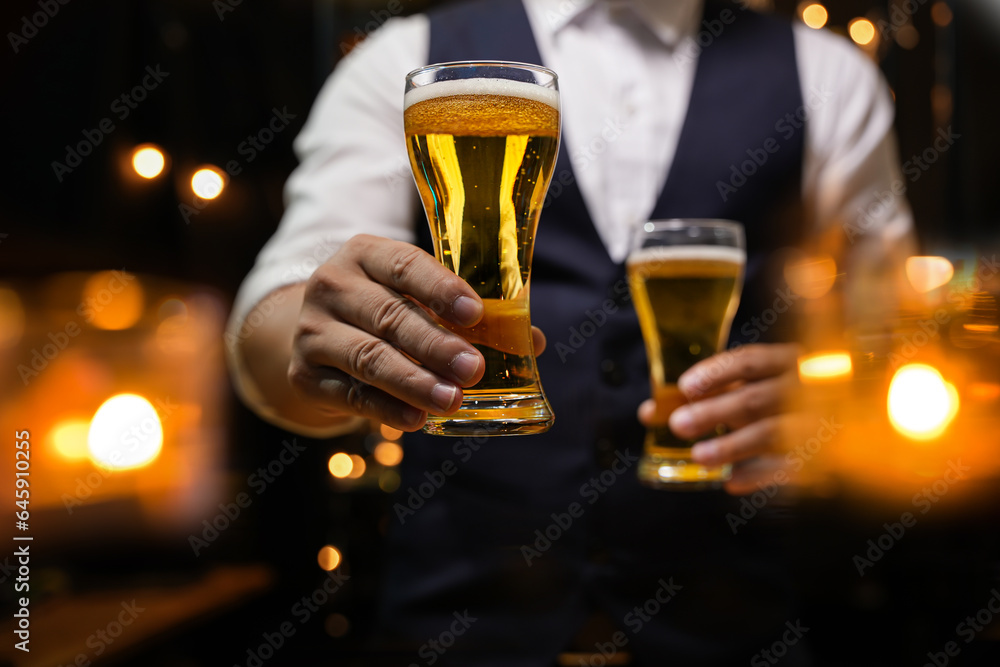 Bartender Serve beer, on wood bar, 