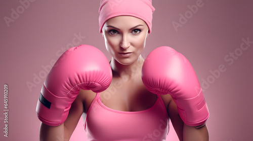 Woman in pink sports clothes and pink boxing gloves, breast cancer awareness concept photo