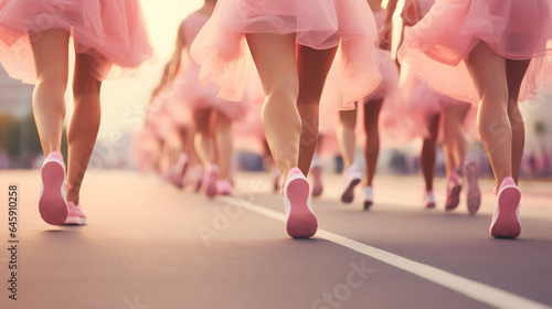 Women wearing pink shoes and dress participate in a breast cancer awareness marathon