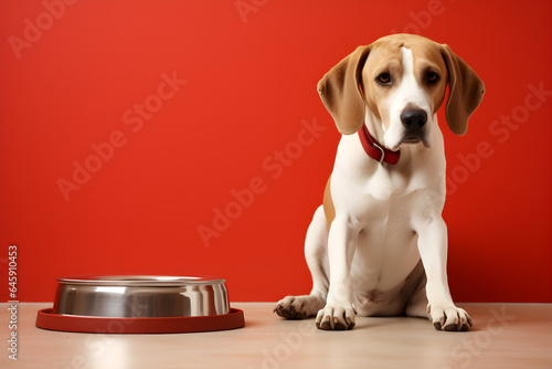 dog sat next to food bowl, waiting for dinner, plain background