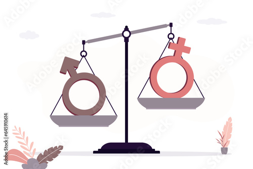 Gender inequality. Discrimination, sexual inequality. Sexism of man and woman sex symbols on an unbalanced scales. Human rights problems,