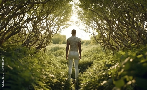 Back View of a Man Standing in a Jungle Wearing Stylish Casual Clothing