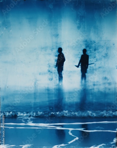 Cyanotype Print of Silhouette of Two People in the Sea - Double Exposure Photograph - Analog - Blue and White - Moody - Dusk