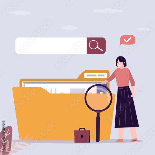 Quick and easy search for files and folders. Smart businesswoman holding magnifying glass and standing next to big yellow folder and search bar. Indexing, database.