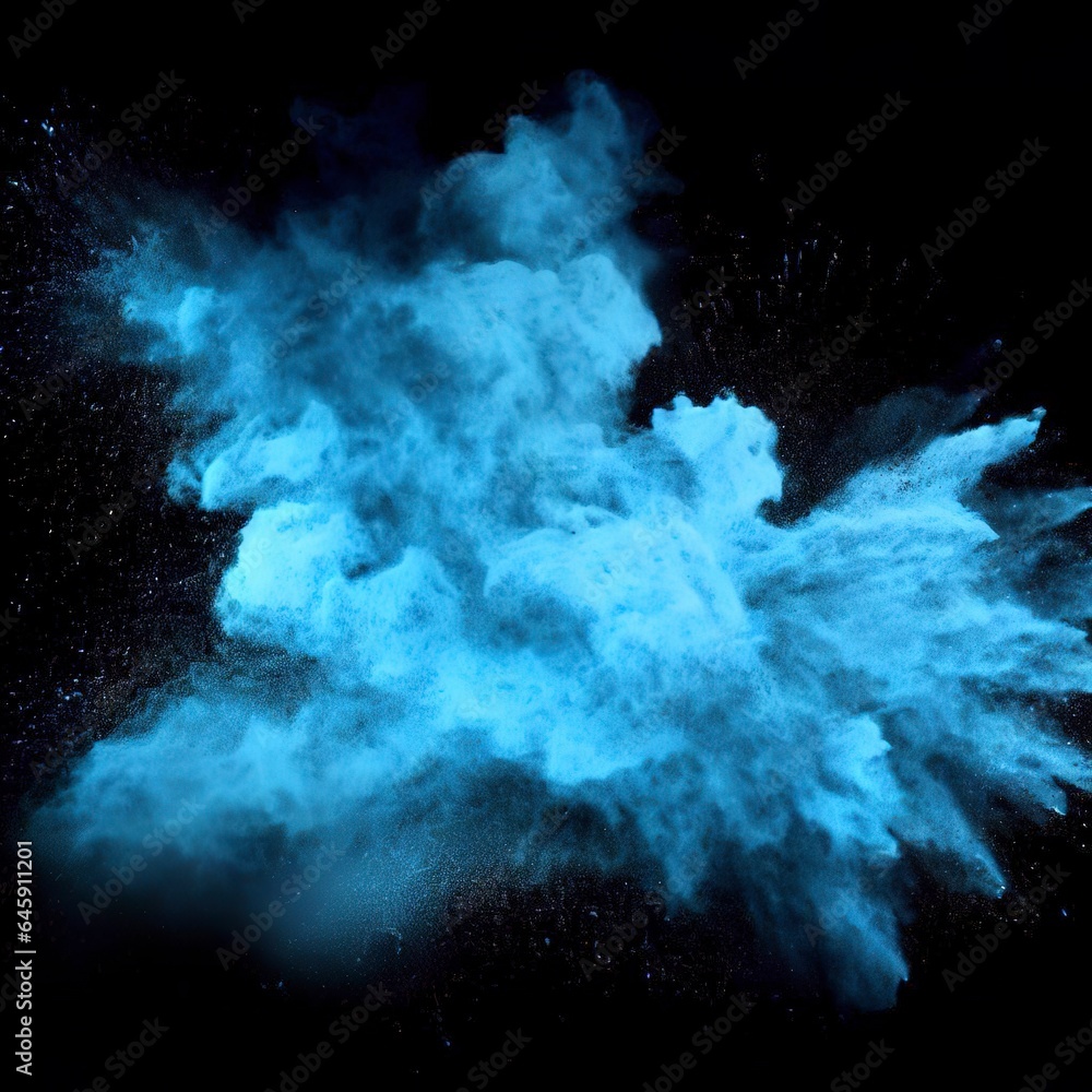 Blue powder explosion cloud on black background