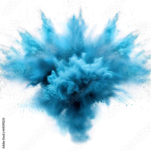 Blue powder explosion cloud on white background