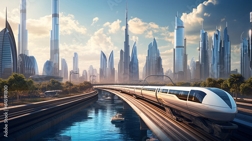 Dubai s Metro Railway Amid Glass Skyscrapers with Street Traffic and Museum of the Future