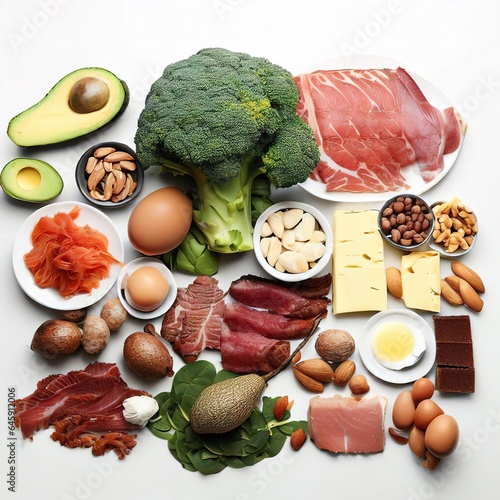 ketogenic low carbs diet - food selection on white wall