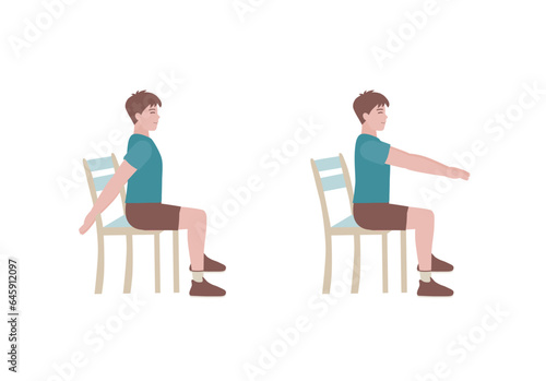 Exercises that can be done at-home using a sturdy chair.
Extend both arms forward at shoulder level, then promptly swing the arms down. Continue swinging back and forth for 10 minutes. with Arm swing 