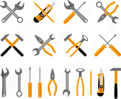 Set of constructions tools on isolated white background. Builder, repair tools, building, architecture, architect, repairmen essential tools. Under construction. 