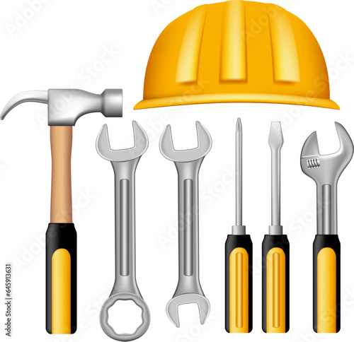 set of construction and builder tools with helmet collection. Vector flat illustration of working tools in building industry for men and women architect, painter, engineers and repairman