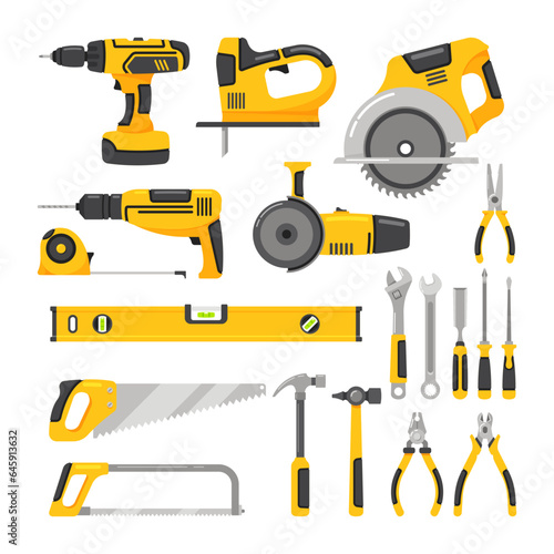 construction and builder tool collection - Set of different tools used for construction and repairing. vector color illustration