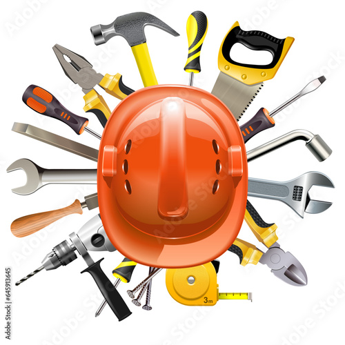 set of  Construction and builder tools with helmet collection.  Vector flat illustration of working tools in building industry for men and women architect, painter, engineers and repairman 