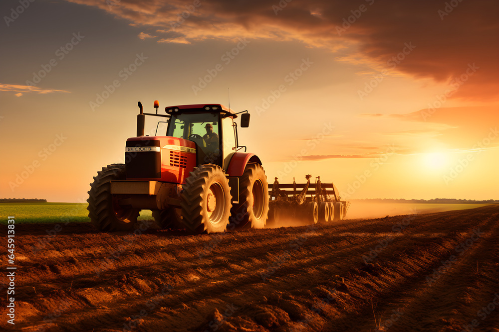 Fototapeta premium tractor in the field at sunset