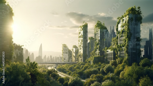 Beautiful panorama of the skyscrapers in the city. futuristic generative ai