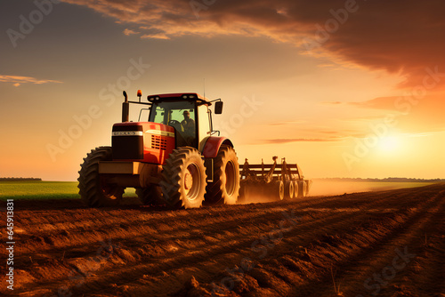 tractor in the field at sunset