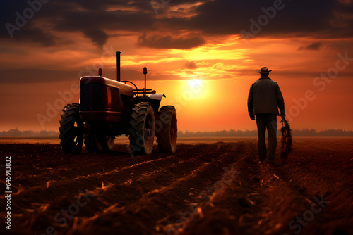 farmer in the field with tractor at sunset
