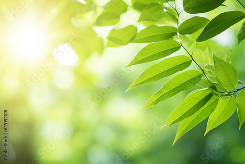 Fresh green leaves with blurred background and copy space.