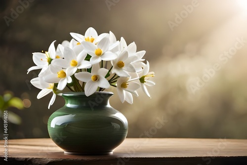 a closeup of jasmine in ceramic vase on wooden tab