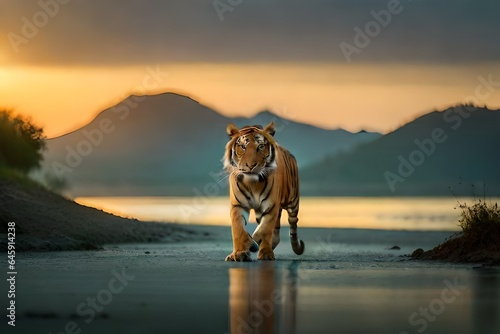 Great tiger male in the nature habitat. Tiger walk during the golden light time. Wildlife scene with danger animal. 