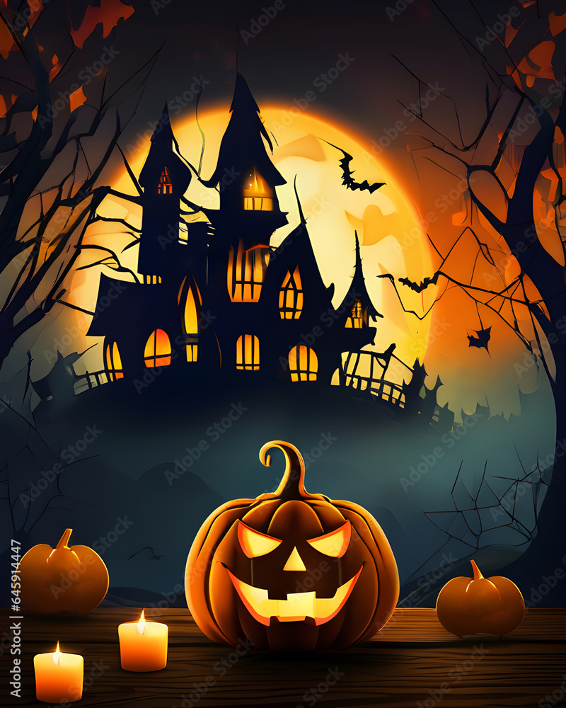 It's Halloween night. Jack-o_lantern on a table with lit candles. Dark and spooky with the silhouette of a castle, trees and bats in the background It's Halloween night. Jack-o_lantern on a table with lit candles. Dark and spooky with the silhouette of a castle, trees and bats in the background