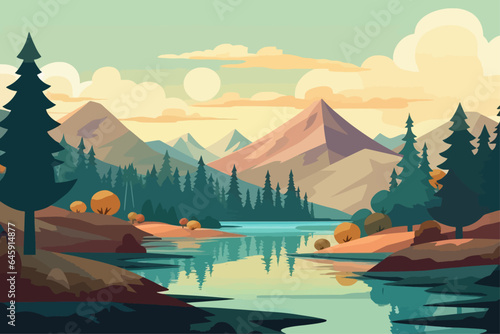 a mountain scenery with a river and trees, beautiful vector landscape illustration, outdoor travel adventure