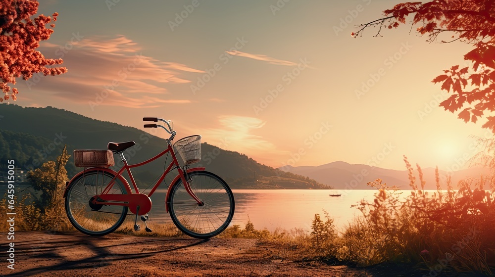 Naklejka premium beautiful landscape image vintage bicycle parked by the river at sunset