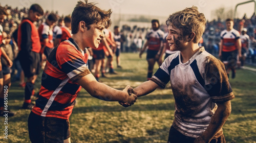 Young rugby players shaking hands in a stadium after a game. Generative AI