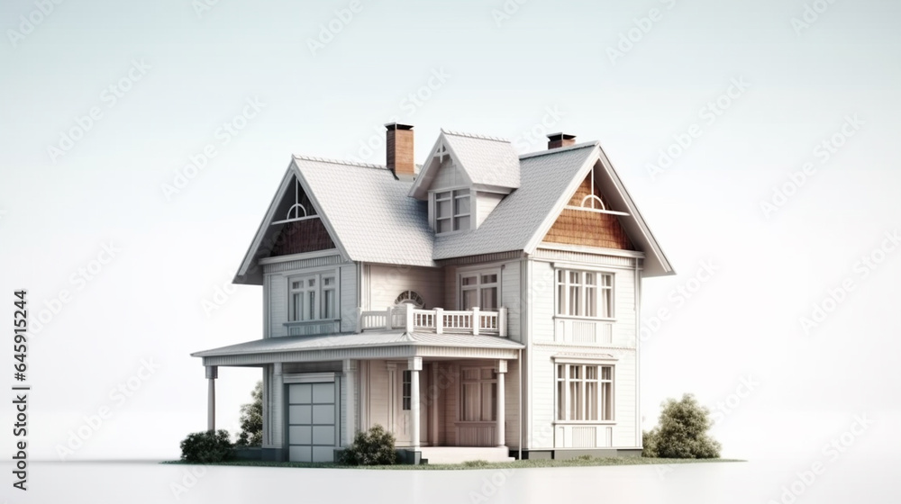 3d illustration of small house with a chimney on white background real estate concept, generate ai