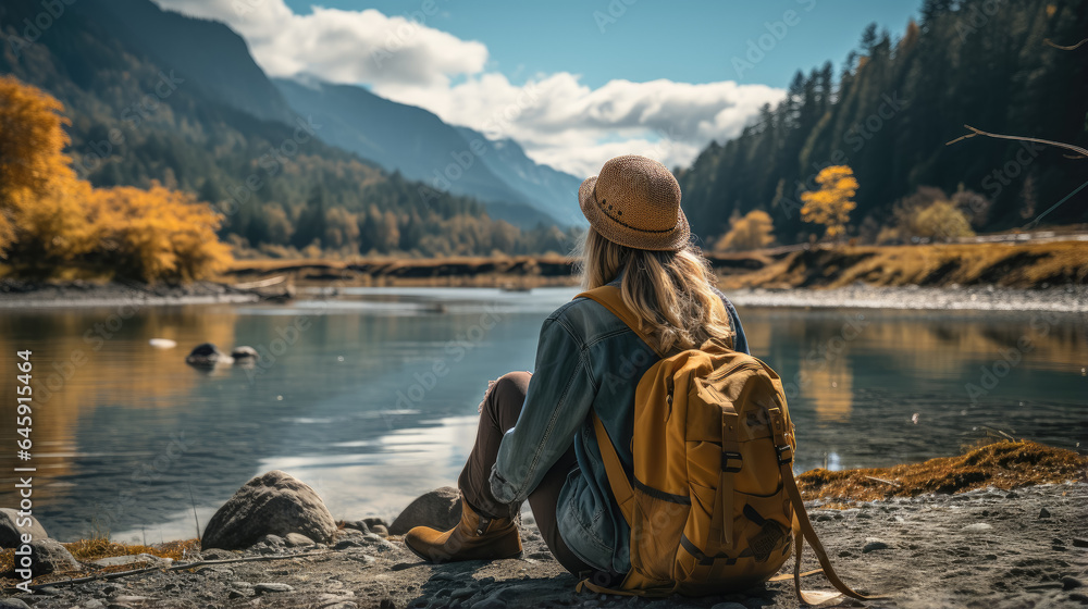 Fototapeta premium View of young woman traveler sitting , Happy woman traveler looking at mountain background , Created with Generate Ai Technology