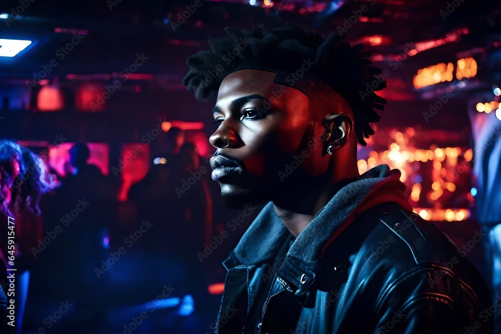 a handsome young black man with a serious expression on his face in a dark nightclub