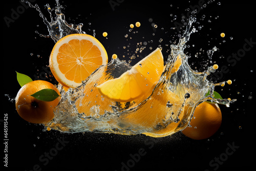 Orange slices exploded water splash in dark background