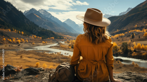 View of young woman traveler sitting , Happy woman traveler looking at mountain background , Created with Generate Ai Technology