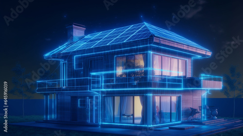 3D render of a house with a solar panel in the foreground blue light network connection generated ai