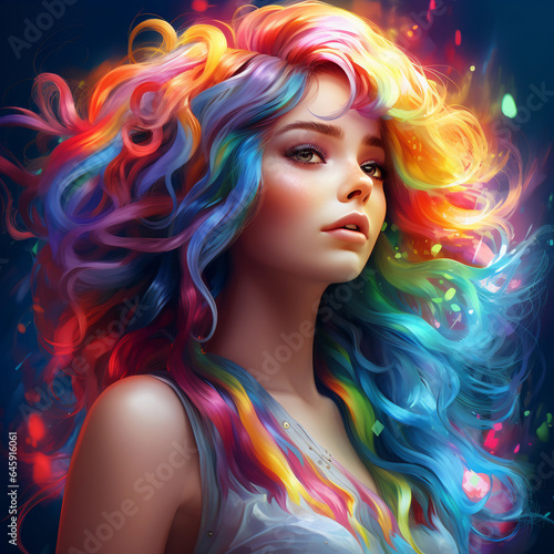 Beautiful woman in rainbow coloured hair portrait