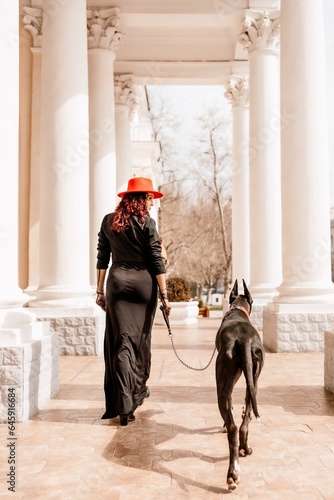 A photo of a woman and her Great Dane walking through a town, taking in the sights and sounds of the urban environment.