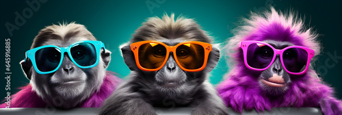 funny studio portrait of 3 monkeys wearing colourful sunglasses