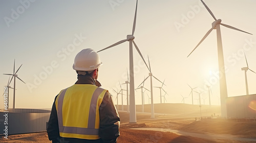Back view of two engineers discussing against turbines on wind turbine farm. © Sasint